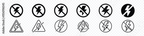 lightning and no lightning icon set, Prohibited lightning sign, No power, charging. Antistatic material flash icon. no electric sign
