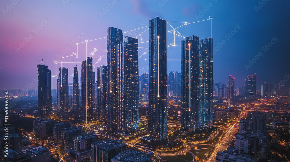 Obraz premium Smart digital Innovation city with connection network reciprocity over the cityscape. of future smart wireless digital city and social media networking systems that connects people with in city