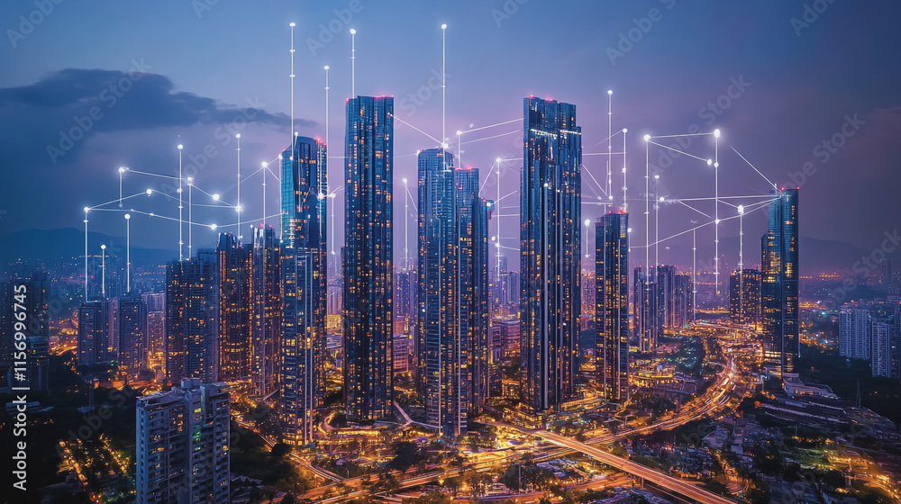 Obraz premium Smart digital Innovation city with connection network reciprocity over the cityscape. of future smart wireless digital city and social media networking systems that connects people with in city
