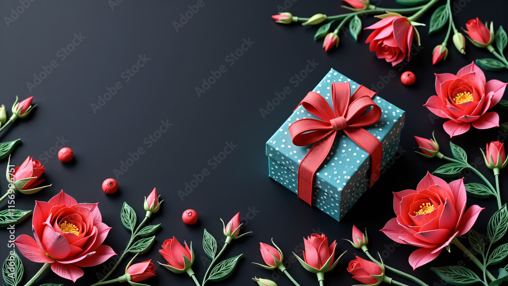 Obraz premium elegant paper quilling design: a luxurious gift box on a dark background, surrounded by opulent flowers, ideal for celebrating special moments and expressing heartfelt emotions