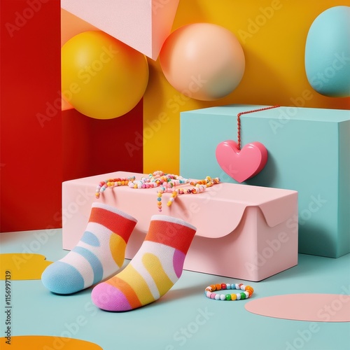 Valentine's day galentine gifts. Colorful socks and playful accessories on a vibrant background create a fun, cheerful composition.