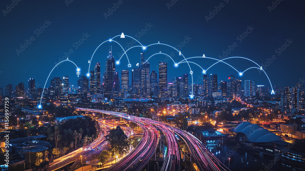 Naklejka premium Smart digital Innovation city with connection network reciprocity over the cityscape. of future smart wireless digital city and social media networking systems that connects people with in city