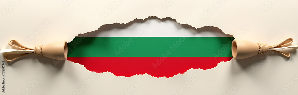 Obraz premium The Bulgarian Flag Is Visible Through A Large Rip In The Paper From The Recent Breakthrough. 00001