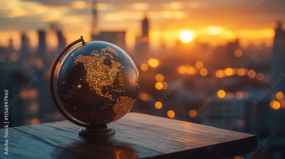 Globe on table at sunset, city skyline background. Globe on table at sunset, city skyline background.