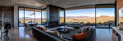 Modern living room with panoramic desert views, fireplace, and sleek furniture. photo