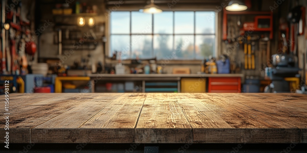 An empty wooden garage table with a blurred background of tools and workshop equipment
