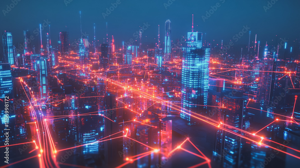 Smart digital Innovation city with connection network reciprocity over the cityscape. of future smart wireless digital city and social media networking systems that connects people with in city Smart digital Innovation city with connection network reciprocity over the cityscape. of future smart wireless digital city and social media networking systems that connects people with in city