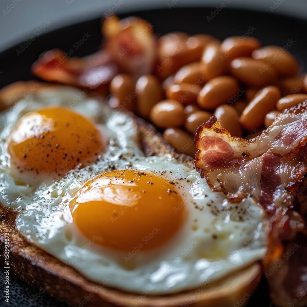 Close-up of fried eggs, bacon, and baked beans on toast. (1) Close-up of fried eggs, bacon, and baked beans on toast. (1)