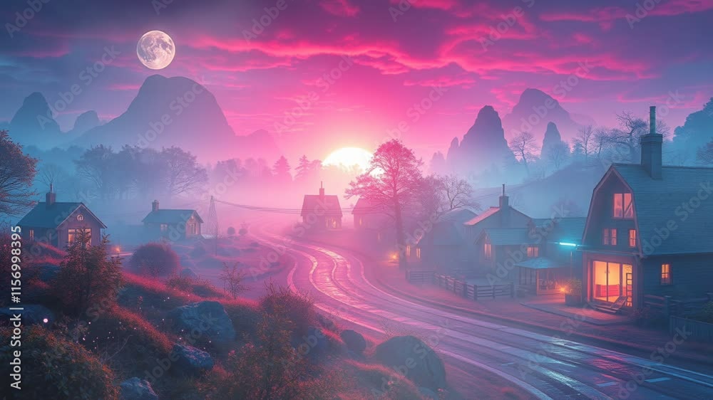 A serene twilight landscape with houses, mountains, and a vibrant sky.