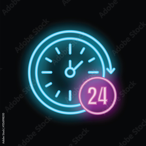 Neon clock face with arrow going around and 24 sign, concept of 247 service