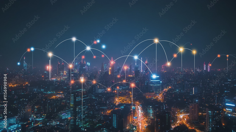 Obraz premium Smart digital Innovation city with connection network reciprocity over the cityscape. of future smart wireless digital city and social media networking systems that connects people with in city