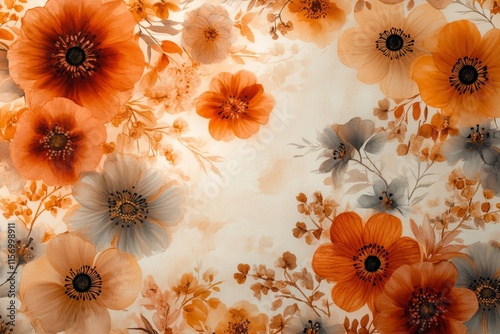 A lively fabric design featuring an assortment of orange and white flowers, delicately interwoven with subtle leaves and branches, depicting nature's vibrant beauty. photo