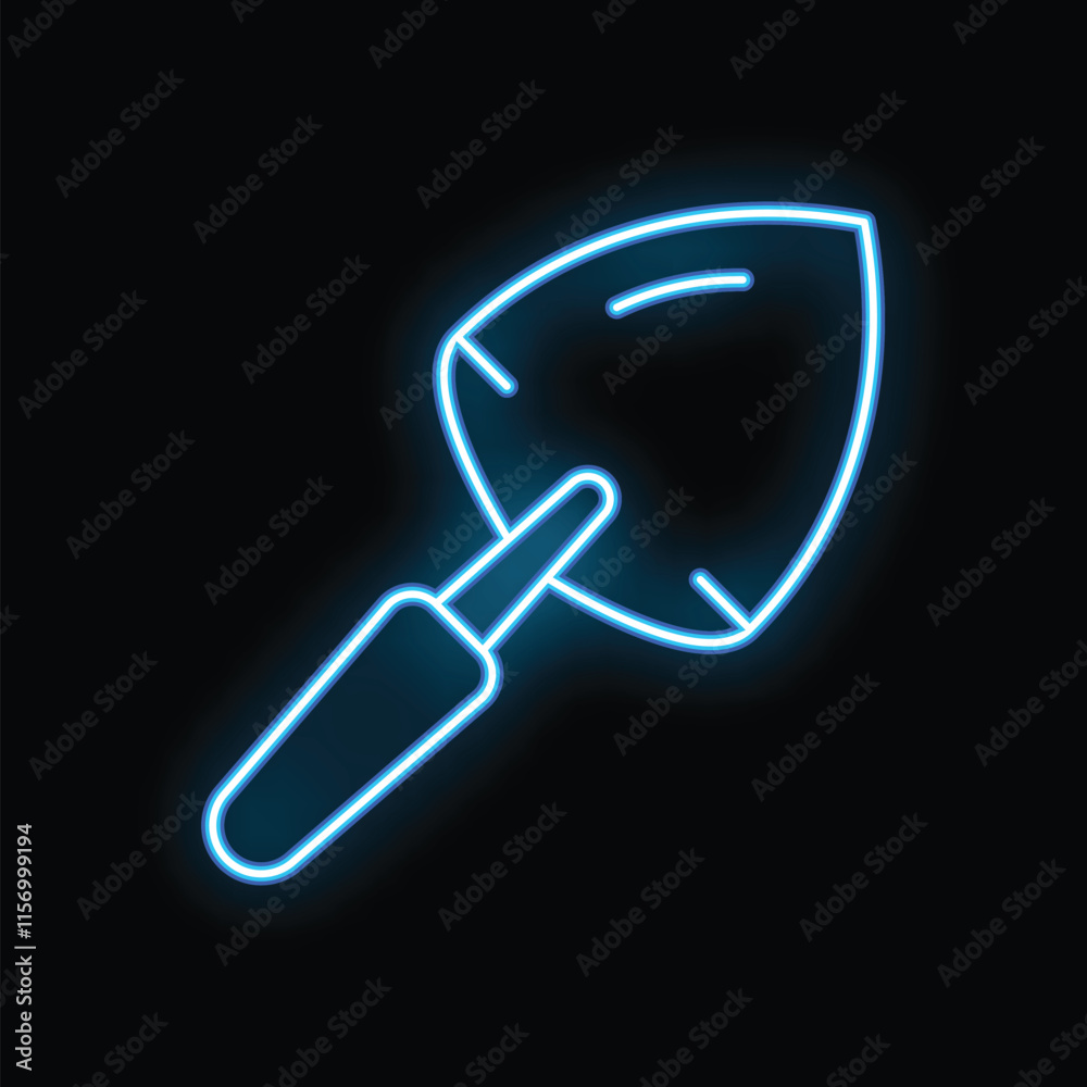 Blue neon sign of a trowel glowing on a black background Blue neon sign of a trowel glowing on a black background