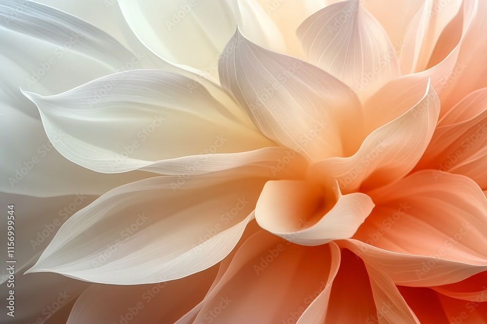 Obraz premium A singular white and peach flower gently unfurls its petals amidst a serene backdrop, capturing the tranquil beauty associated with modern natural aesthetics.