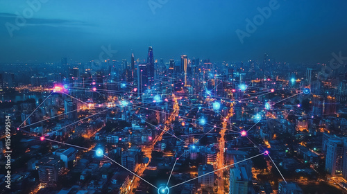 Wallpaper Mural Smart digital Innovation city with connection network reciprocity over the cityscape. of future smart wireless digital city and social media networking systems that connects people with in city Torontodigital.ca