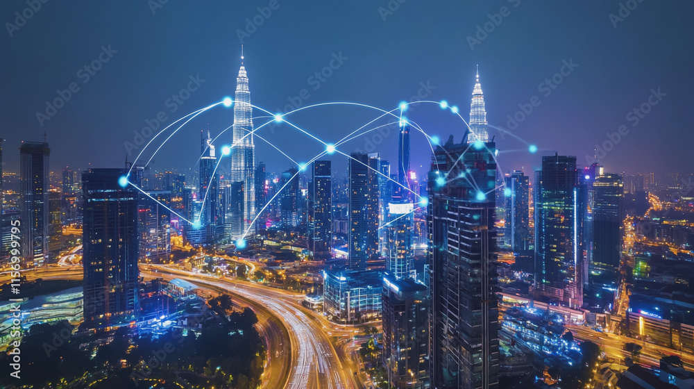 Fototapeta premium Abstract business man stands on the peak of success amid tall, innovative Smart city and graphs with statistics to analyze business potential and predict future developments in company growth.