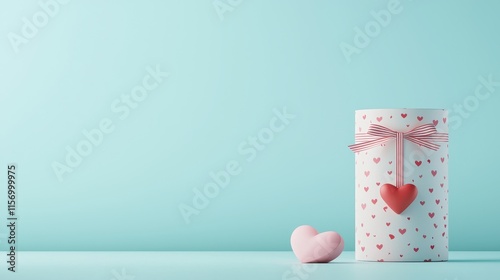 Valentine's day galentine gifts. A decorated gift box with hearts on a calming turquoise background.