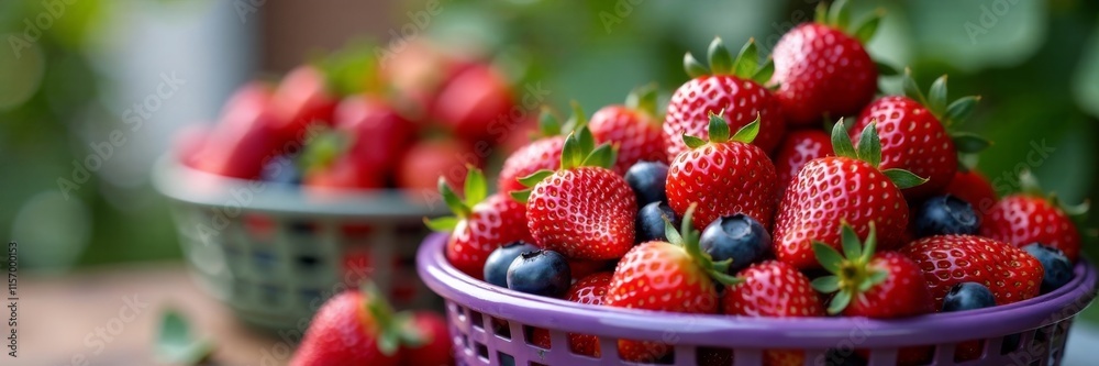Fresh strawberries and blueberries piled high in a colorful basket, grocery, basket
