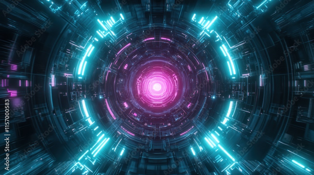 Futuristic neon tunnel with glowing lights and circular patterns. Futuristic neon tunnel with glowing lights and circular patterns.
