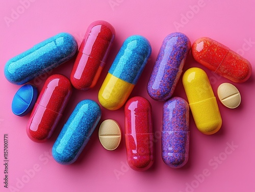 Weight loss pills scattered on a pink background, representing health, fitness, and slimming supplements