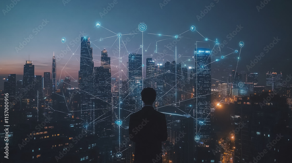 Abstract business man stands on the peak of success amid tall, innovative Smart city and graphs with statistics to analyze business potential and predict future developments in company growth. Abstract business man stands on the peak of success amid tall, innovative Smart city and graphs with statistics to analyze business potential and predict future developments in company growth.