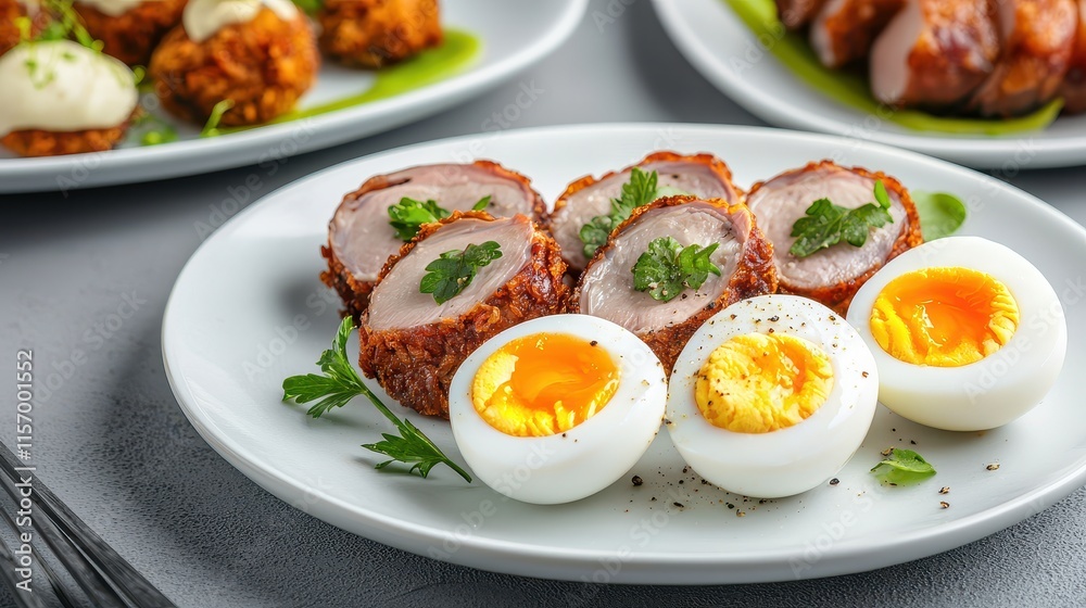 Chicken and Duck Egg Concept, Artistic Plating of Dishes Featuring Duck and Egg in a Creative Culinary Presentation Chicken and Duck Egg Concept, Artistic Plating of Dishes Featuring Duck and Egg in a Creative Culinary Presentation