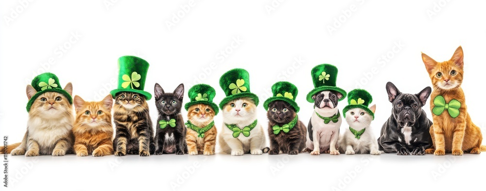 Obraz premium Group of Adorable Cats Wearing Green Hats and Bowties for St. Patrick's Day Celebration with Festive Decorations and Playful Expressions