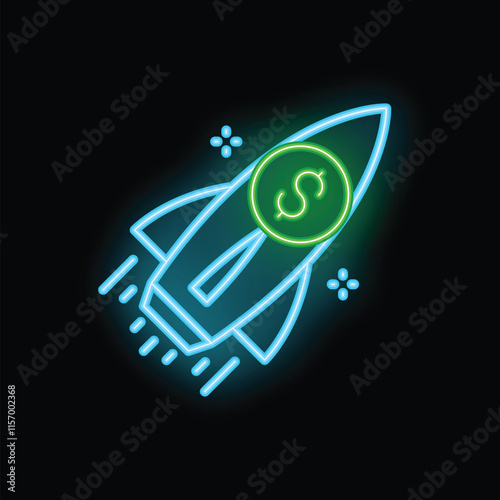 Glowing neon rocket launching with a dollar coin, symbolizing a successful business startup