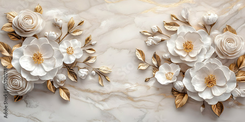 3D White Flowers Gold Leaves Marble Background Illustration
