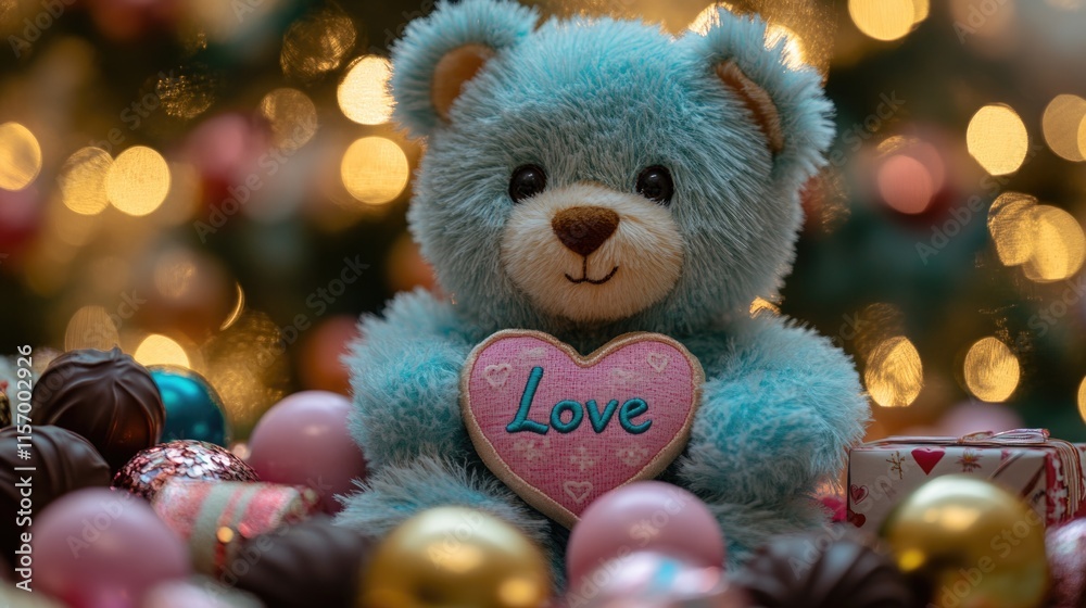 Fototapeta premium Cute blue teddy bear holding heart in festive setting with chocolates and ornaments. The 14th of February. Happy Valentine's Day
