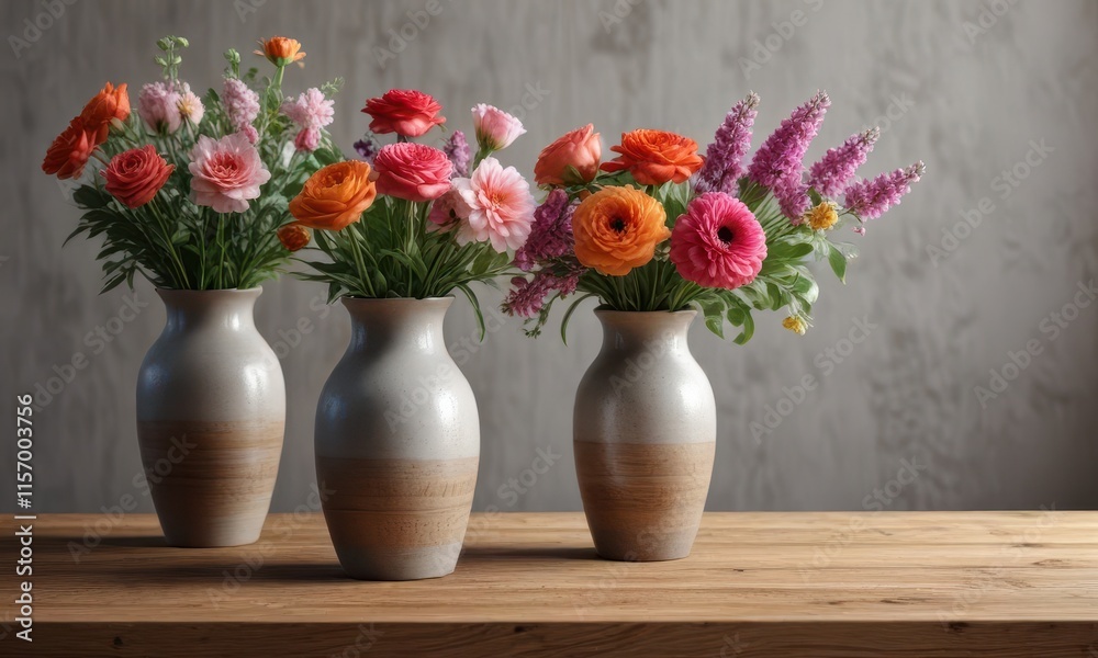 Decorative vases filled with fresh flowers on a wooden table background, flat lay, vase Decorative vases filled with fresh flowers on a wooden table background, flat lay, vase