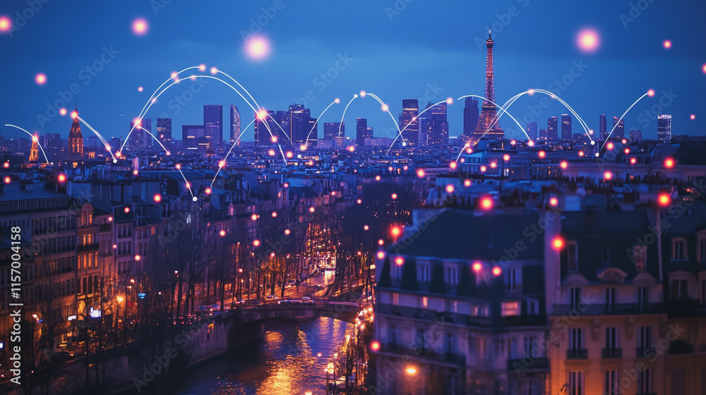 Obraz premium Smart digital Innovation city with connection network reciprocity over the cityscape. of future smart wireless digital city and social media networking systems that connects people with in city