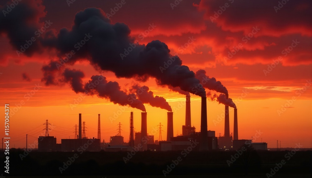Dramatic sunset over a large industrial complex with tall chimneys emitting smoke against a fiery sky, depicting pollution and energy production. Dramatic sunset over a large industrial complex with tall chimneys emitting smoke against a fiery sky, depicting pollution and energy production.