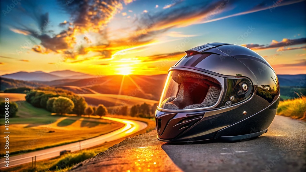 Fototapeta premium Panoramic Black Motorcycle Helmet: Extreme Sports Headgear Safety Gear