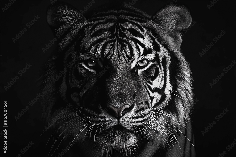 Fierce Tiger Face Emerging from Darkness – Close-Up Fierce Tiger Face Emerging from Darkness – Close-Up