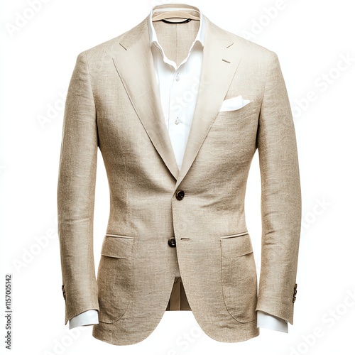 Stylish beige linen blazer with pockets on white isolated background.