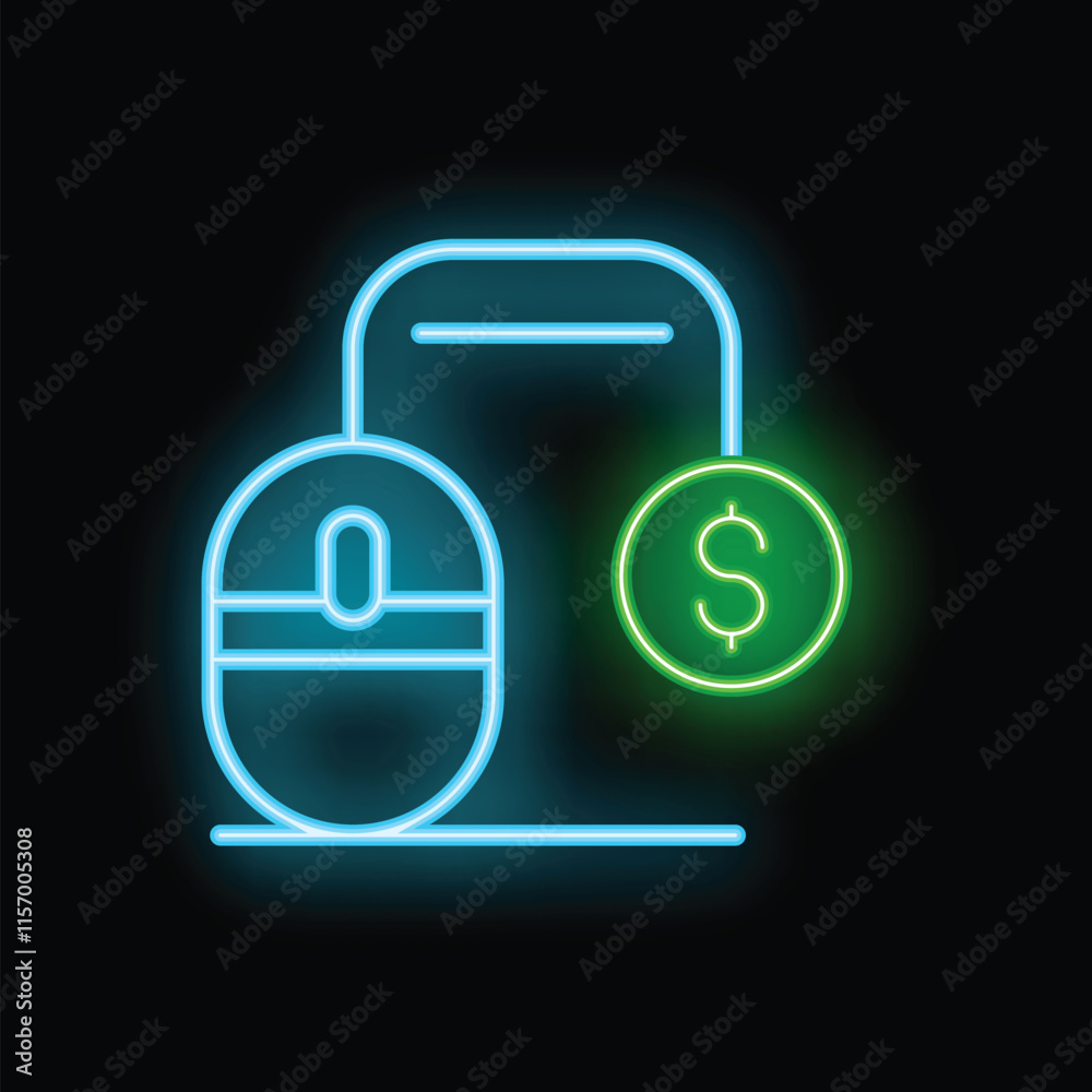 Neon sign illustrating online payment with a dollar symbol hanging from a smartphone and a computer mouse Neon sign illustrating online payment with a dollar symbol hanging from a smartphone and a computer mouse
