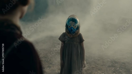 A Girl in a Hazy Landscape Wearing Protective Gear