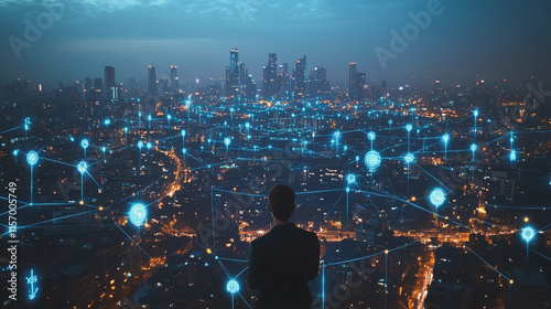 Smart digital Innovation city with connection network reciprocity over the cityscape. of future smart wireless digital city and social media networking systems that connects people with in city