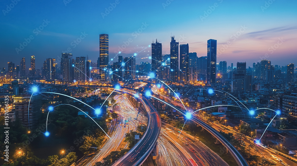 Smart digital Innovation city with connection network reciprocity over the cityscape. of future smart wireless digital city and social media networking systems that connects people with in city Smart digital Innovation city with connection network reciprocity over the cityscape. of future smart wireless digital city and social media networking systems that connects people with in city