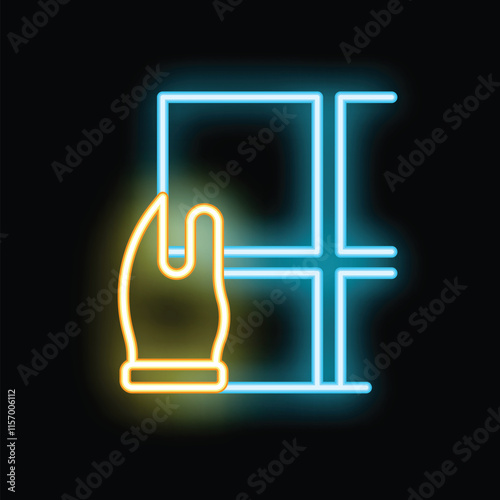 Yellow and blue neon sign of a construction worker's gloved hand installing a window glass pane