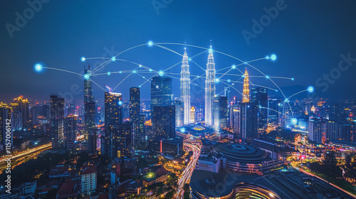 Wallpaper Mural Smart digital Innovation city with connection network reciprocity over the cityscape. of future smart wireless digital city and social media networking systems that connects people with in city Torontodigital.ca