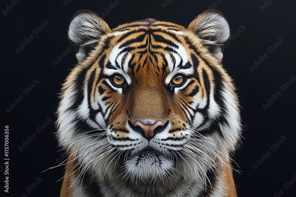 Fototapeta premium Close-up of tiger face with sharp features in dark tones