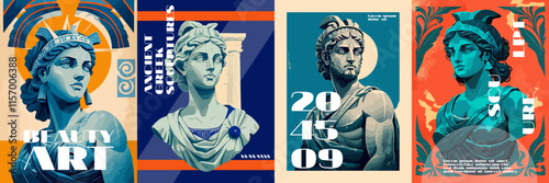 Greek ancient sculptures poster cover design. Vector banner, big set and collection of watercolor template cards with inscriptions. Bright modern illustrations. Statue, culture, architecture, history.