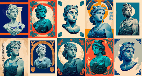 Greek ancient sculptures poster cover design. Vector banner, big set and collection of watercolor template cards. Bright modern illustrations. Statue, culture, architecture, history.