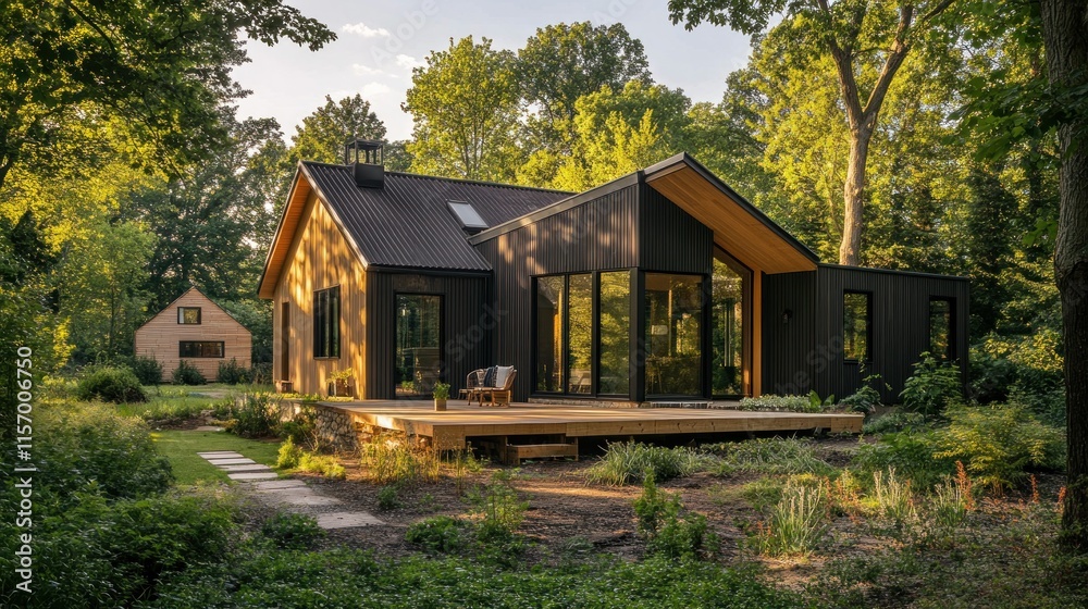 Modern black farmhouse with large windows, deck, and surrounding trees. Modern black farmhouse with large windows, deck, and surrounding trees.