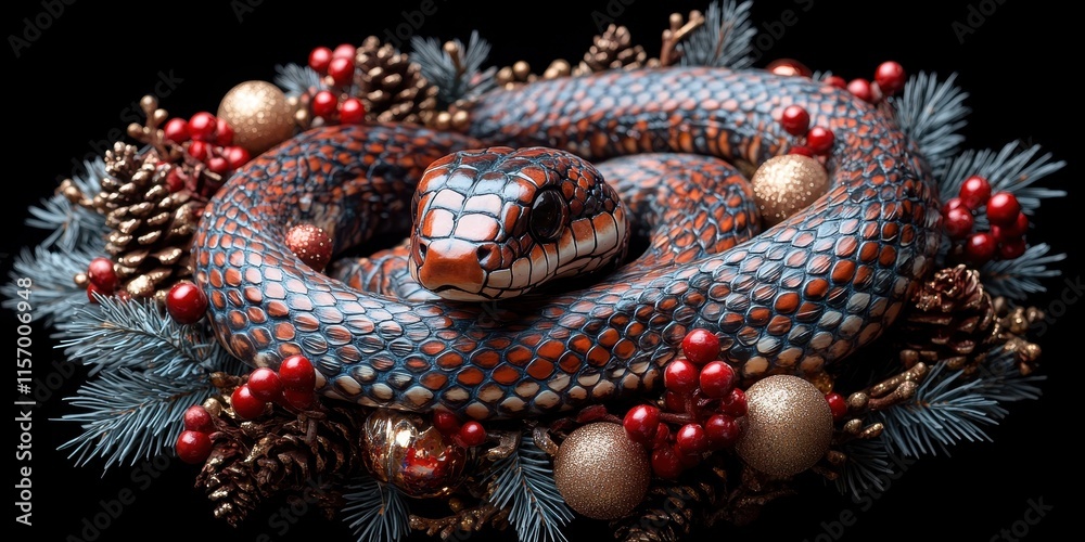 Fototapeta premium Snake wreath vibrant scales, pine cones, berries festive symbolism, New Year 2025 symbol