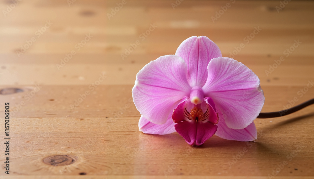 Single pink orchid flower on wooden surface, elegant decor, minimalist style, copy space,  International Women's Day March 8