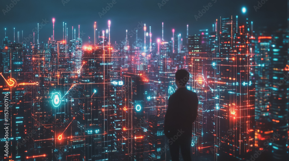 Abstract business man stands on the peak of success amid tall, innovative Smart city and graphs with statistics to analyze business potential and predict future developments in company growth. Abstract business man stands on the peak of success amid tall, innovative Smart city and graphs with statistics to analyze business potential and predict future developments in company growth.