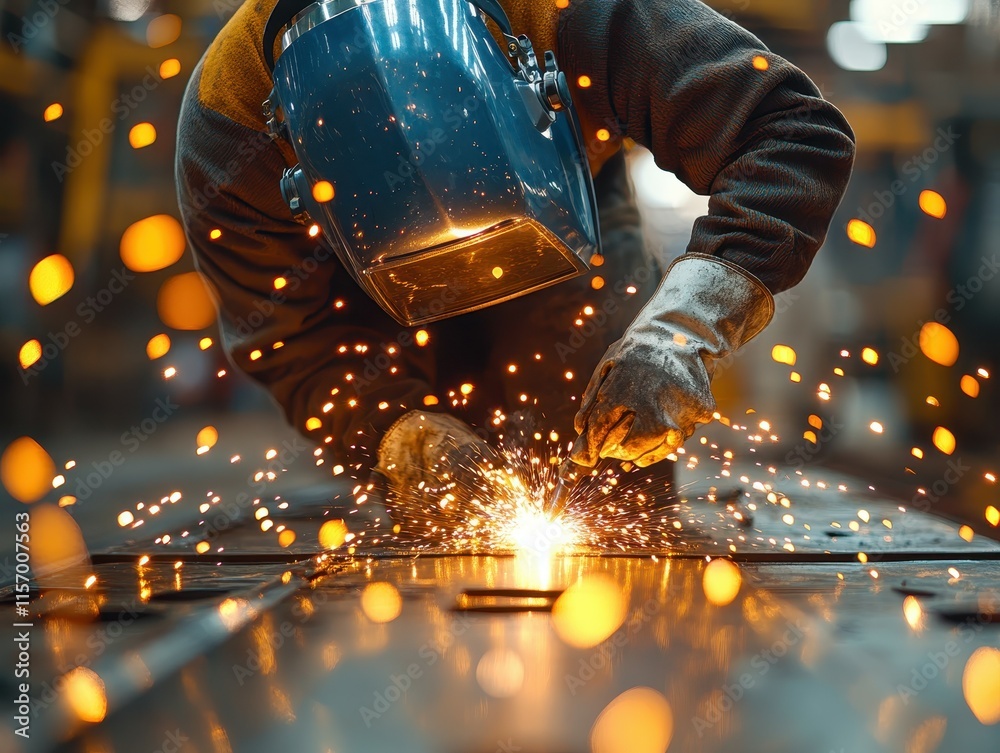 Welder working with sparks in workshop creating metal art during industrial manufacturing process Welder working with sparks in workshop creating metal art during industrial manufacturing process